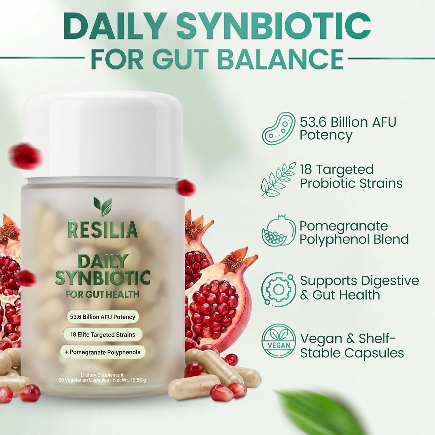 Resilia Synbiotic Probiotic + Prebiotic Supplement for Women & Men – 53.6 Billion AFU, 18 Strains, Shelf-Stable Capsules with Polyphenols, Digestive & Gut Balance Support, 60 Capsules