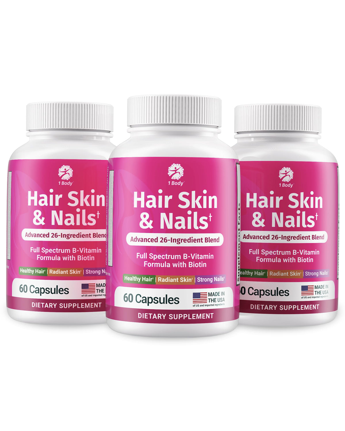 1 Body Hair Skin & Nails with Biotin, Vegan Vitamins, 60 Capsules