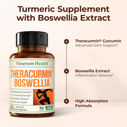 Advanced Turmeric Curcumin Supplement for Joint Support & Inflammation – Enhanced Absorption Theracurmin 600mg with Boswellia Serrata for Mobility & Recovery – Vegan, Gluten Free – 60 Capsules