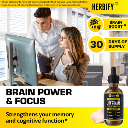 HERBIFY Lions Mane Supplement - Daily Mushroom Supplement for Memory, Focus & Clarity - Brain Booster - Lions Mane Tincture for Immune Support - 4 Fl oz