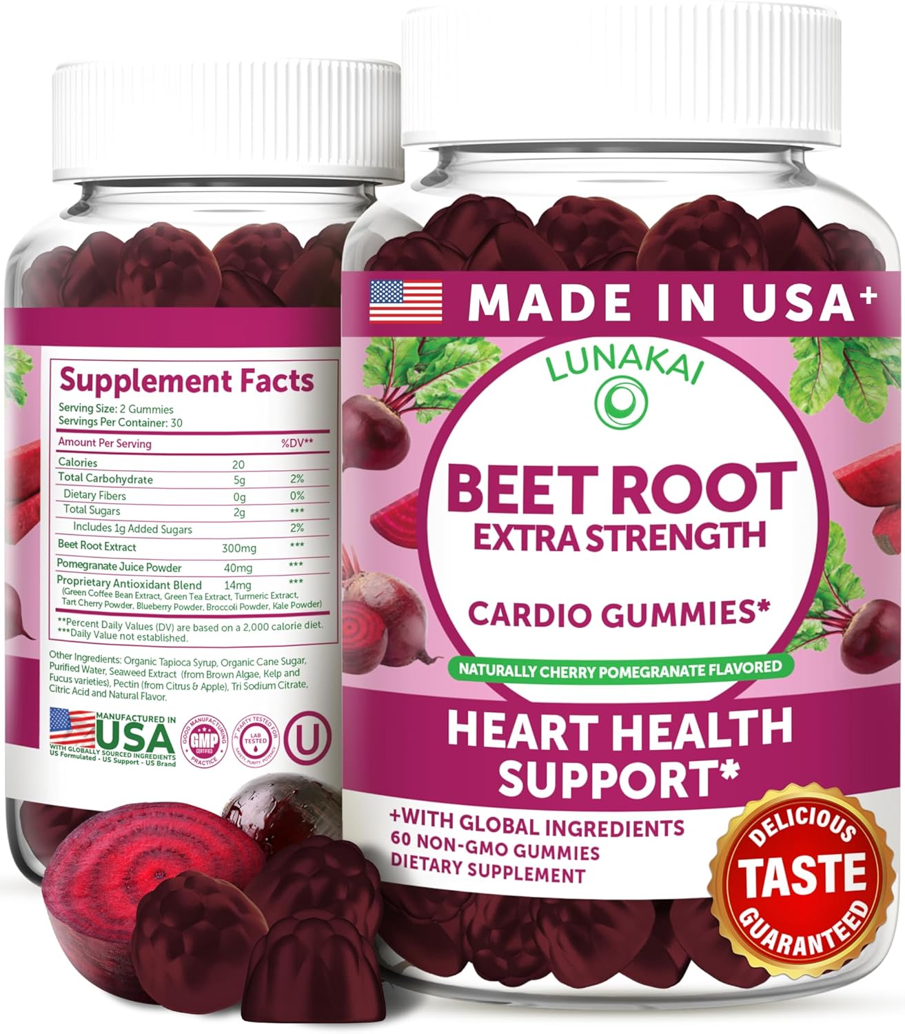 Lunakai USA Made Beet Root Gummies with 7-Antioxidant Blend - 4:1 Extract Non-GMO Vegan Beet Chews for Daily Natural Energy, Men & Women, 60ct