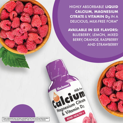 Bluebonnet Nutrition Liquid Calcium Citrate, Magnesium, Vitamin D3, Bone Health, Gluten Free, Soy Free, Milk Free, Kosher, 16 fl oz, 32 Servings, Mixed Berry Flavor