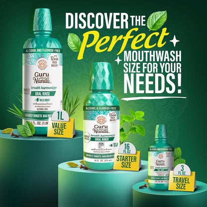 GuruNanda Fresh Breath Mouthwash – 12-Hour Fresh Breath & Helps Fight Bad Breath – ADA Accepted, Alcohol & Fluoride-Free Oral Rinse, Wild Mint - 16 oz, Pack of 2