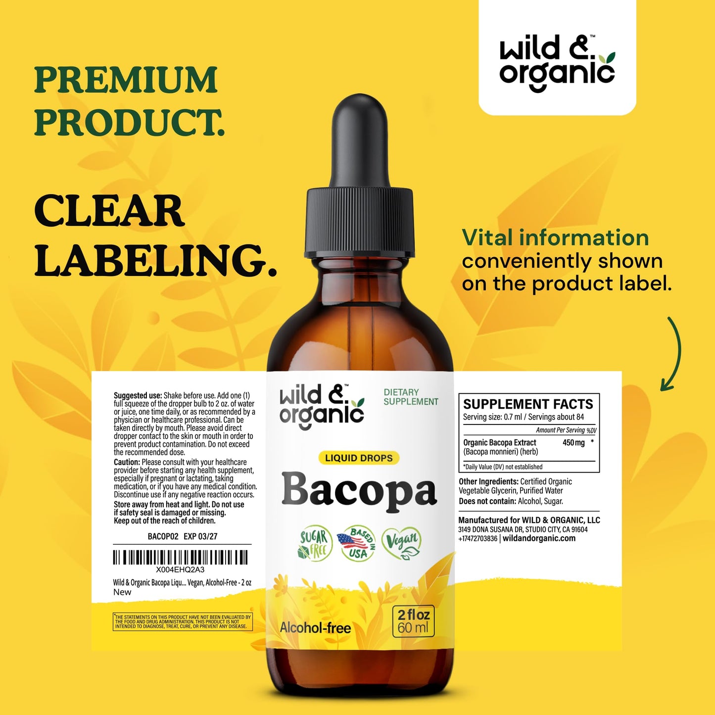 Wild & Organic Bacopa Monnieri Supplement - Brain & Focus Support - Bacopa Extract Liquid Drops - Brahmi Herb Tincture to Add to Tea - 5-Month Supply - Vegan, Sugar & Alcohol-Free - 4 fl oz