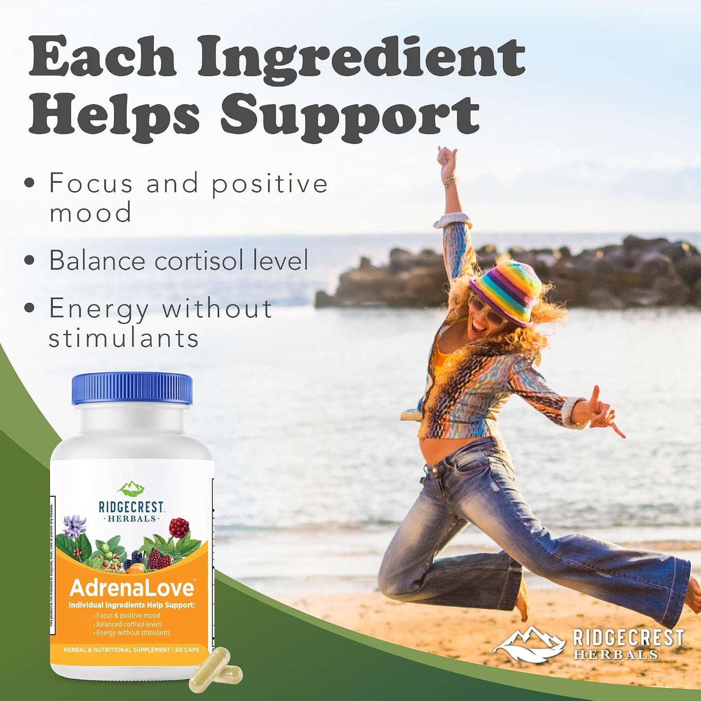 RidgeCrest Herbals AdrenaLove Adrenal Stress and Energy Support 60 Ct | 30 Servings, Vegan Capsules, Ashwagandha Blend, Natural Energy and Mood Support, Adaptogen Formula, Cortisol Balance