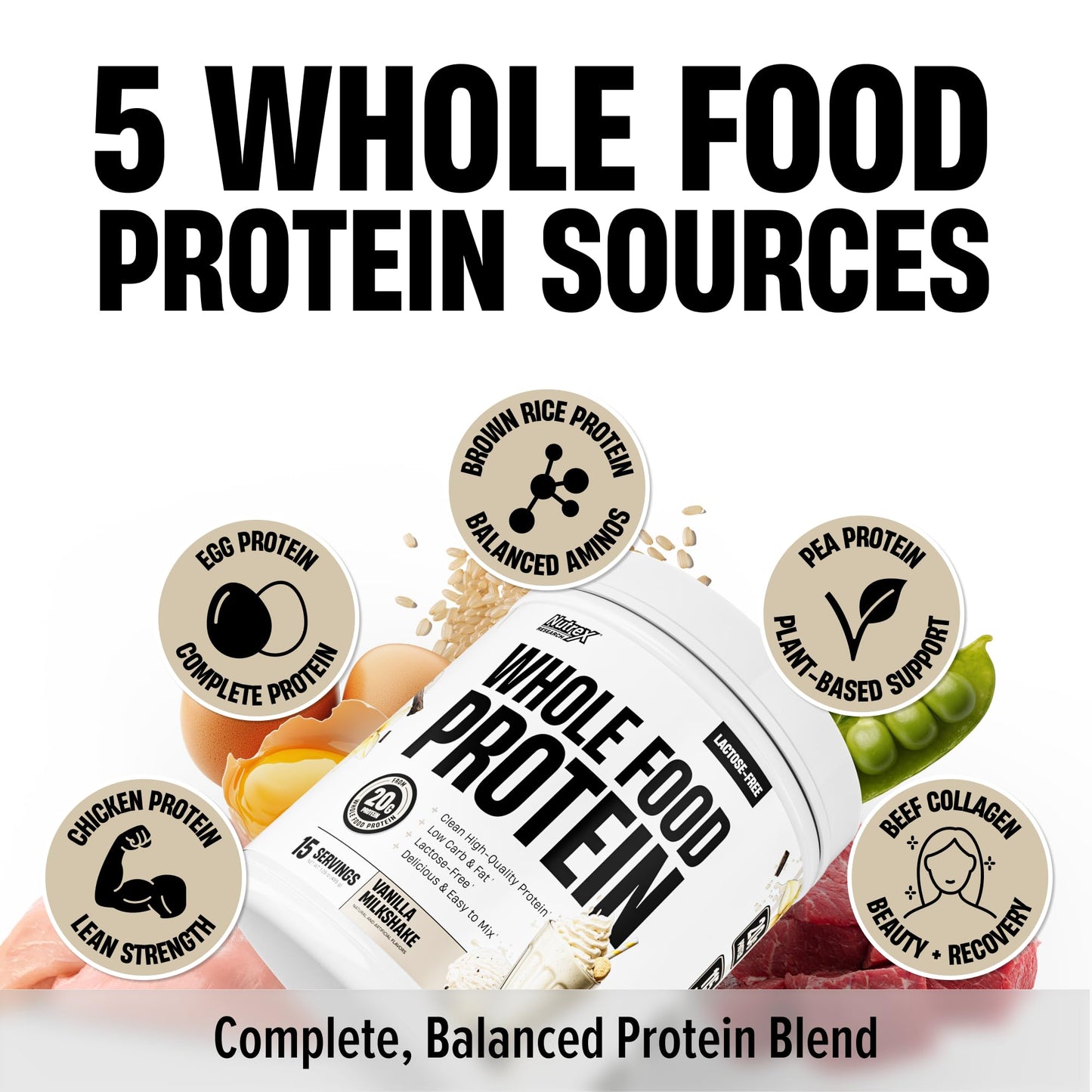 Nutrex Research Whole Food Protein Powder, 20g Protein per Scoop, Lactose Free, Dairy Free, Low Carb Low Fat, Collagen Peptides, 15 Servings (Vanilla Milkshake)