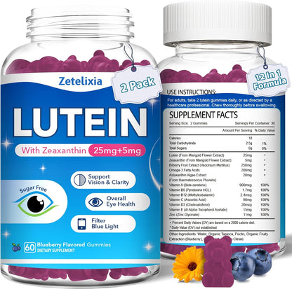 2 Pack Lutein Gummies, 12 in 1 Lutein and Zeaxanthin Supplements Eye Vitamins Gummies for Adults, Eye Health Supplement with Multiple Vitamin for Promoting Eye & Vision - 120 Gummies