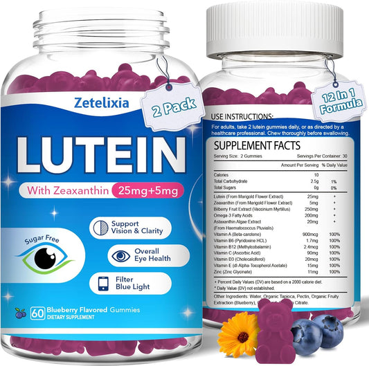 2 Pack Lutein Gummies, 12 in 1 Lutein and Zeaxanthin Supplements Eye Vitamins Gummies for Adults, Eye Health Supplement with Multiple Vitamin for Promoting Eye & Vision - 120 Gummies