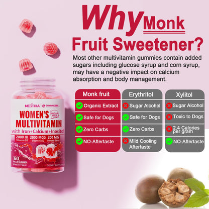 Methylated Multivitamin for Women Gummies, Calcium, D3 K2, Methylfolate & B12, Inositol, Daily Vitamin A C E, B Complex, Biotin, Zinc, Iron -Energy, Immune, Bone, Skin, Hair, Sugar Free, 60Cts