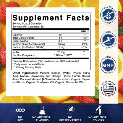 Vitamatic Sugar Free Probiotic + Prebiotic Gummies, 60 Count | 5 Billion CFU Bacillus Coagulans per serving, Support Digestive Health and Gut Flora Balance*, Non-GMO, Made in USA