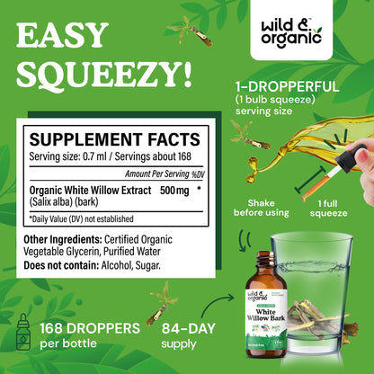 Wild & Organic White Willow Bark Tincture - Liquid Supplement for Overall Support - Alcohol & Sugar-Free White Willow Extract Drops - Salix Alba Bark - Vegan, No Additives - 4 fl oz
