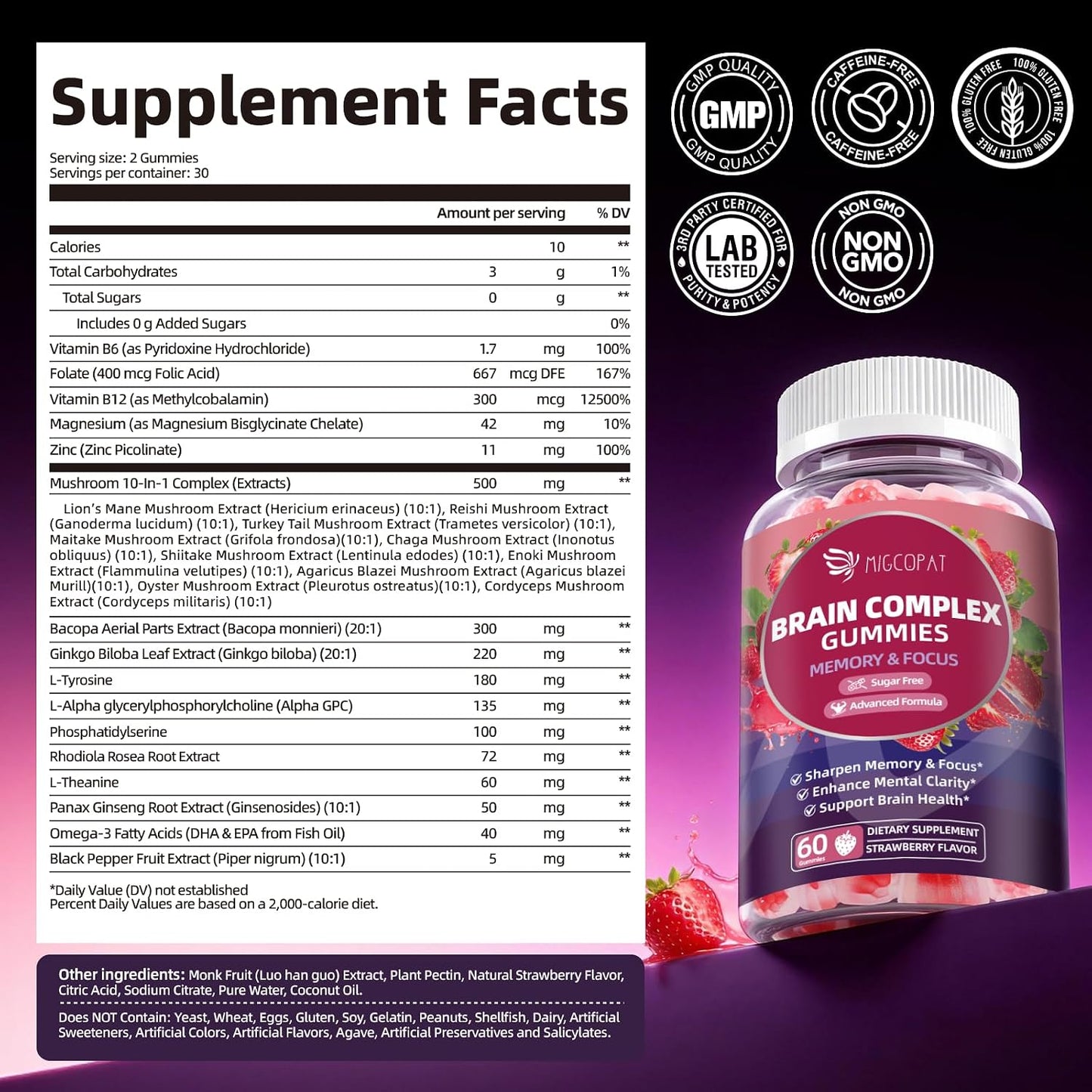 Migcopat Brain Supplements for Memory & Focus – Nootropic Gummies w/Bacopa, Lion’s Mane, Ginkgo & 10-in-1 Mushroom Complex, Mental Clarity & Cognitive Support, Caffeine-Free Strawberry Flavor 60 Cts