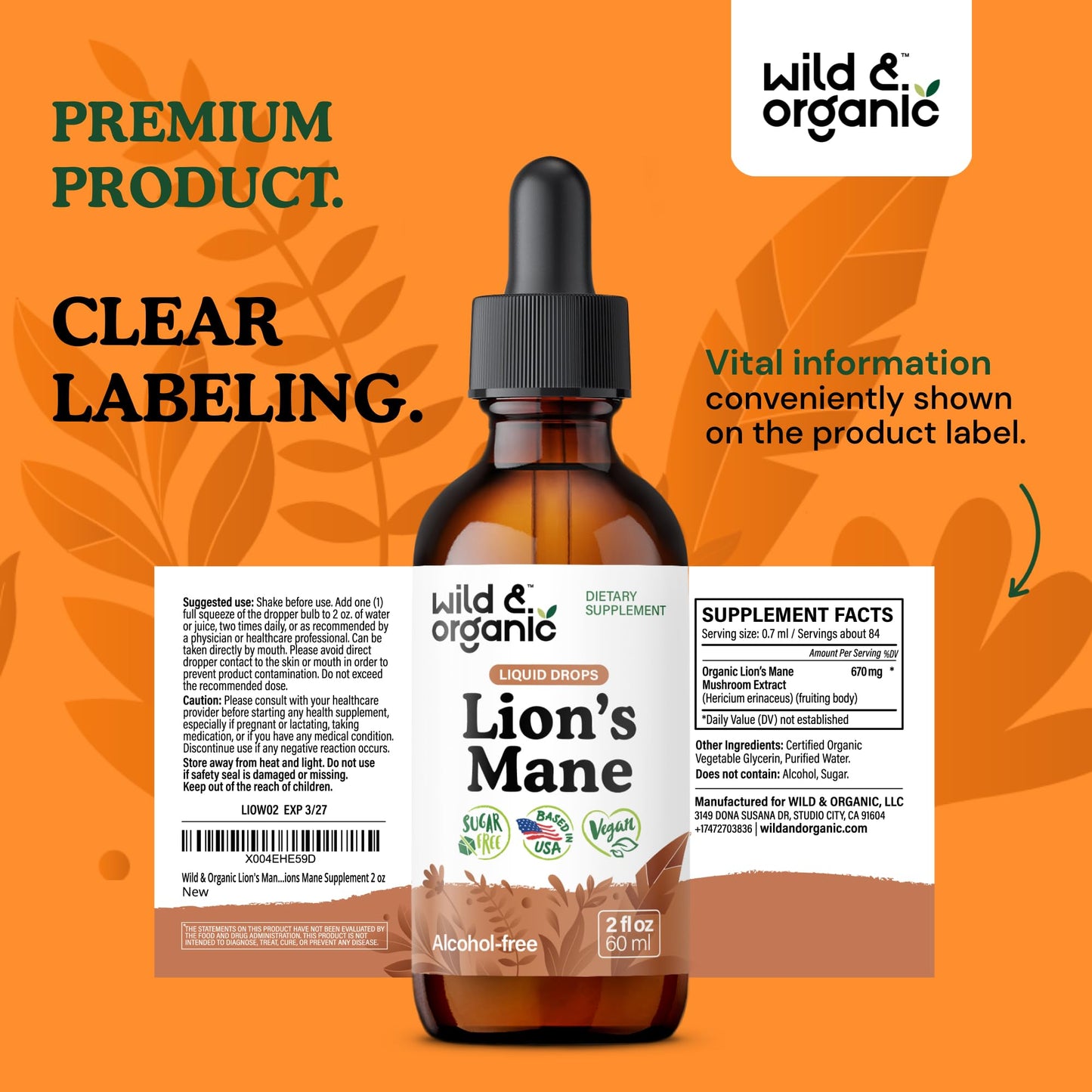 Wild & Organic Lions Mane Liquid Drops - Brain & Focus Support - Lion's Mane Mushroom Supplement - Hericium Erinaceus Mushroom Drops - Mix with Powder - Sugar & Alcohol-Free Extract Tincture - 4 oz