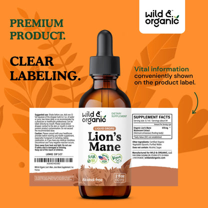 Wild & Organic Lions Mane Liquid Drops - Brain & Focus Support - Lion's Mane Mushroom Supplement - Hericium Erinaceus Mushroom Drops - Mix with Powder - Sugar & Alcohol-Free Extract Tincture - 4 oz
