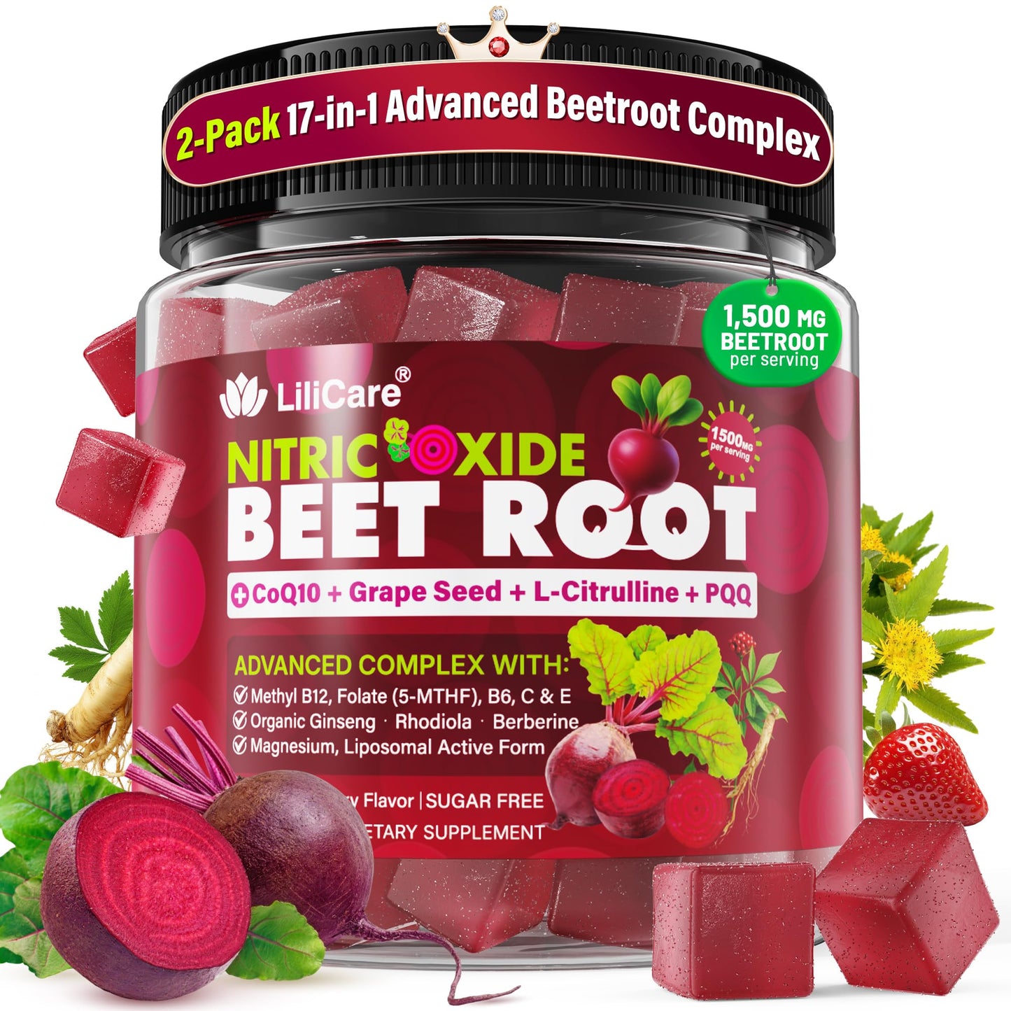 Beet Root Gummies, 17-IN-1 Liposomal Beetroot Superfood with CoQ10, Grape Seed, L-Citrulline, PQQ, Methyl B12, B6, Magnesium, Ginseng, Nitric Oxide Supplements for Circulation, Energy & Immune, 2Pack
