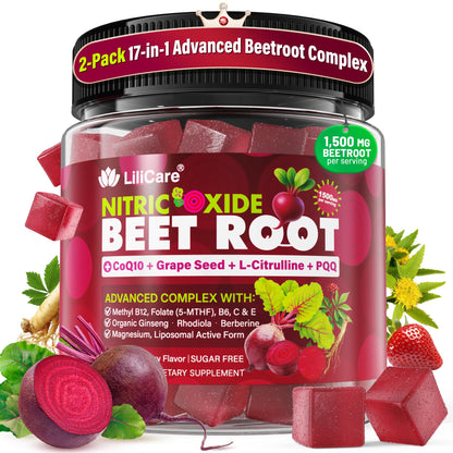 Beet Root Gummies, 17-IN-1 Liposomal Beetroot Superfood with CoQ10, Grape Seed, L-Citrulline, PQQ, Methyl B12, B6, Magnesium, Ginseng, Nitric Oxide Supplements for Circulation, Energy & Immune, 2Pack