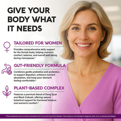 Menopause Supplements for Women - Dong Quai, Black Cohosh, Pre & Probiotics - Sweats & Hot Flashes Relief - Digestion, Sleep & Mood Support - 25-in-1 Perimenopause Complex - Lab Tested - 60 Capsules
