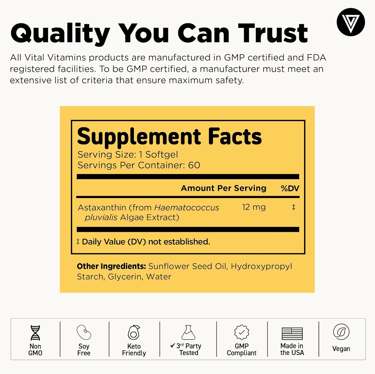 Vital Vitamins Astaxanthin 12mg Softgels for Skin Hydration & Elasticity | Natural Astaxanthin from Microalgae, Antioxidant Protection for Skin, Eyes & Exercise Recovery, Vegan, 60 Softgels
