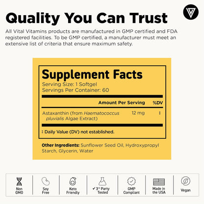 Vital Vitamins Astaxanthin 12mg Softgels for Skin Hydration & Elasticity | Natural Astaxanthin from Microalgae, Antioxidant Protection for Skin, Eyes & Exercise Recovery, Vegan, 60 Softgels