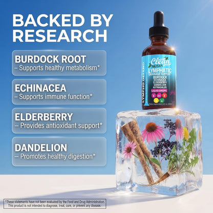 Organic Lymphatic Drainage Supplement | Lymphatic Support Drops | Burdock Root Echinacea Elderberry Dandelion Astragalus Milk Thistle Sea Moss Red Clover Cleanse Marigold Drop By Clean Nutra