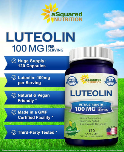 Luteolin 100mg - 120 Capsules - Luteolin Supplement & Powder Complex Pills Commonly Taken with Quercetin - Supports Brain & Memory Health