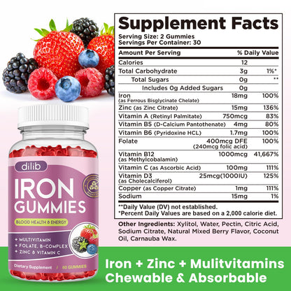 Iron Gummies with Multivitamin, Iron Supplement for Women & Men with Zinc, Vitamin B Complex & C, B12, Folate - Blood Builder & Energy Support for Adults & Kids - Strawberry Flavor, Vegan 60 Gummies