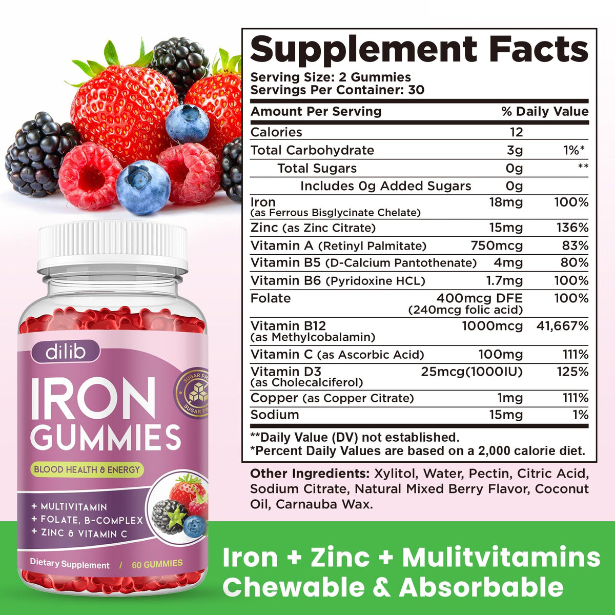 Iron Gummies with Multivitamin, Iron Supplement for Women & Men with Zinc, Vitamin B Complex & C, B12, Folate - Blood Builder & Energy Support for Adults & Kids - Strawberry Flavor, Vegan 60 Gummies