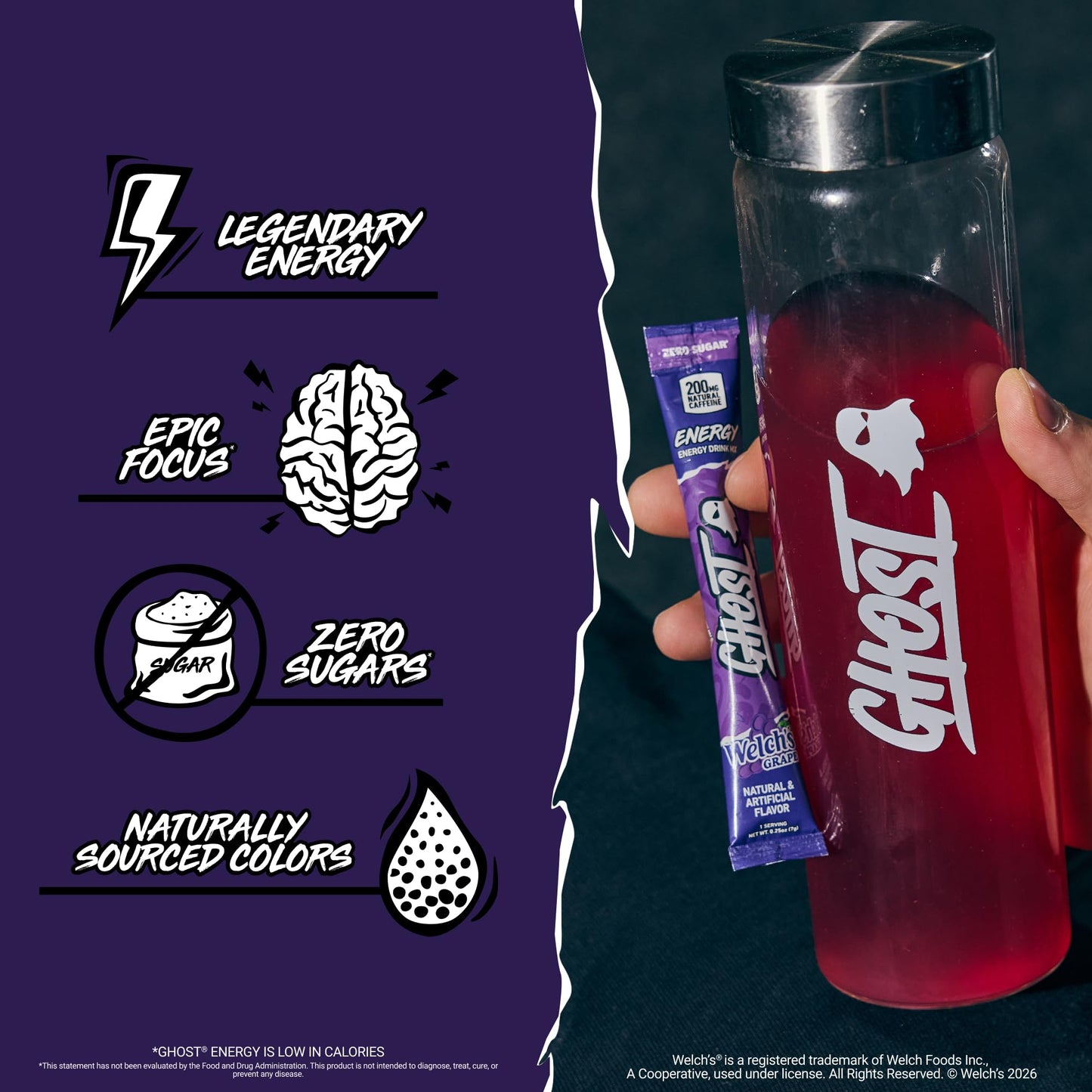 GHOST Sugar-Free Energy Drink Packets, Welch's Grape - 200mg of Natural Caffeine, Daily Vitamins & More, No Artificial Colors - Pre-Workout Energy Drink Mix - 24 On The Go Sticks