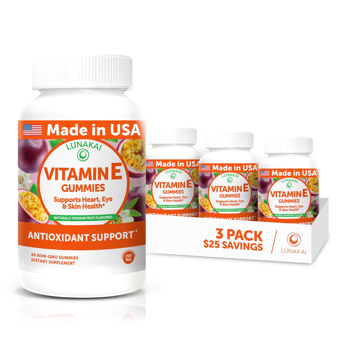 Lunakai USA Made Vitamin E 400 IU Gummies with Vitamin C 50mg, for Eye, Immune & Skin Support - d-Alpha-Tocopherol for Adults, Women & Men, Non-GMO Vegan, 60 Daily VIT E Gummies