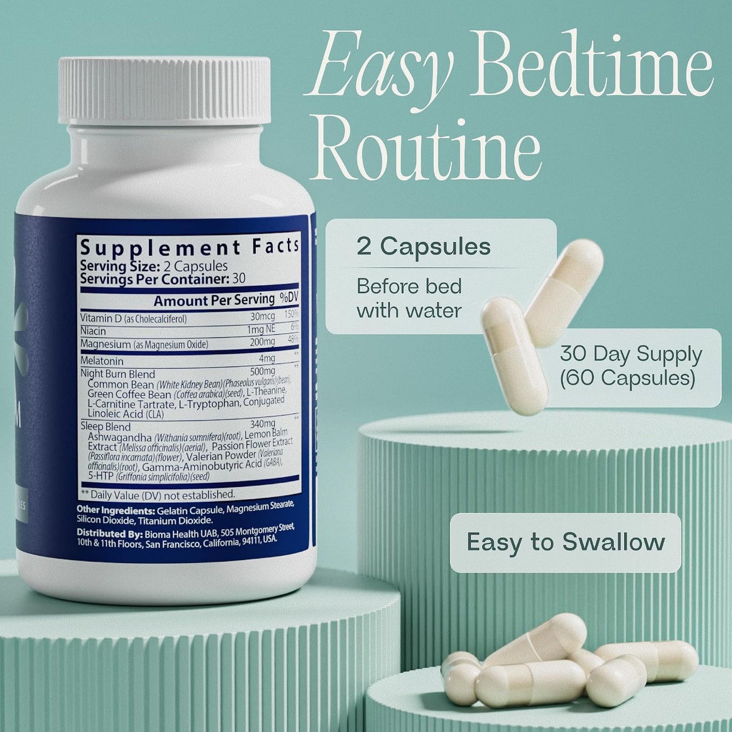 BIOMA Night Metabolism & Sleep - Supports Digestion, Energy Metabolism & Restful Sleep with Melatonin, Vitamin D, Magnesium & More - 60 Capsules (30-Day Supply)