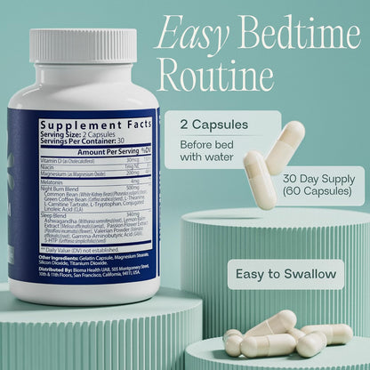BIOMA Night Metabolism & Sleep - Supports Digestion, Energy Metabolism & Restful Sleep with Melatonin, Vitamin D, Magnesium & More - 60 Capsules (30-Day Supply)