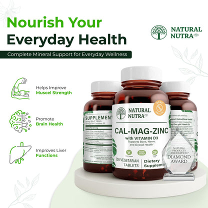 Natural Nutra Calcium Magnesium Zinc (Cal-Mag Zinc) with Vitamin D3,100 | Bone, Teeth, Muscle & Nerve Support, Gluten Free, Sugar Free