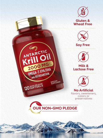 Carlyle Antarctic Krill Oil 2000mg | 120 Softgels | Maximum Strength | Omega-3 EPA, DHA, with Astaxanthin | Supplement Sourced from Red Krill | Laboratory Tested | Non-GMO and Gluten Free
