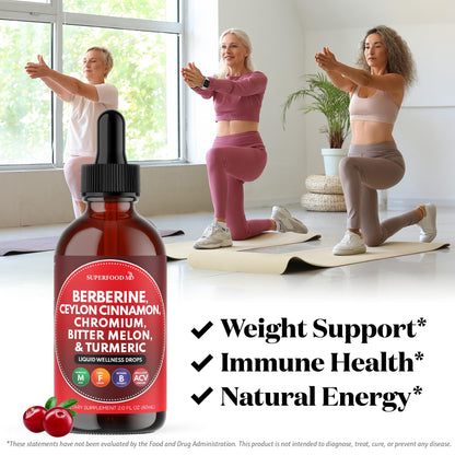 Berberine with Ceylon Cinnamon Supplement Liquid Drops + Bitter Melon Extract, Glucomannan, Gymnema, Chromium, Turmeric, Organic Panax Ginseng, Moringa 4oz
