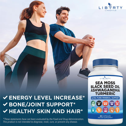 Liberty Lifestyle Sea Moss Black Seed Oil Ashwagandha Turmeric Bladderwrack Burdock - with Manuka, Honey Dandelion, ACV Black Pepper Gluten Free - 2-Pack
