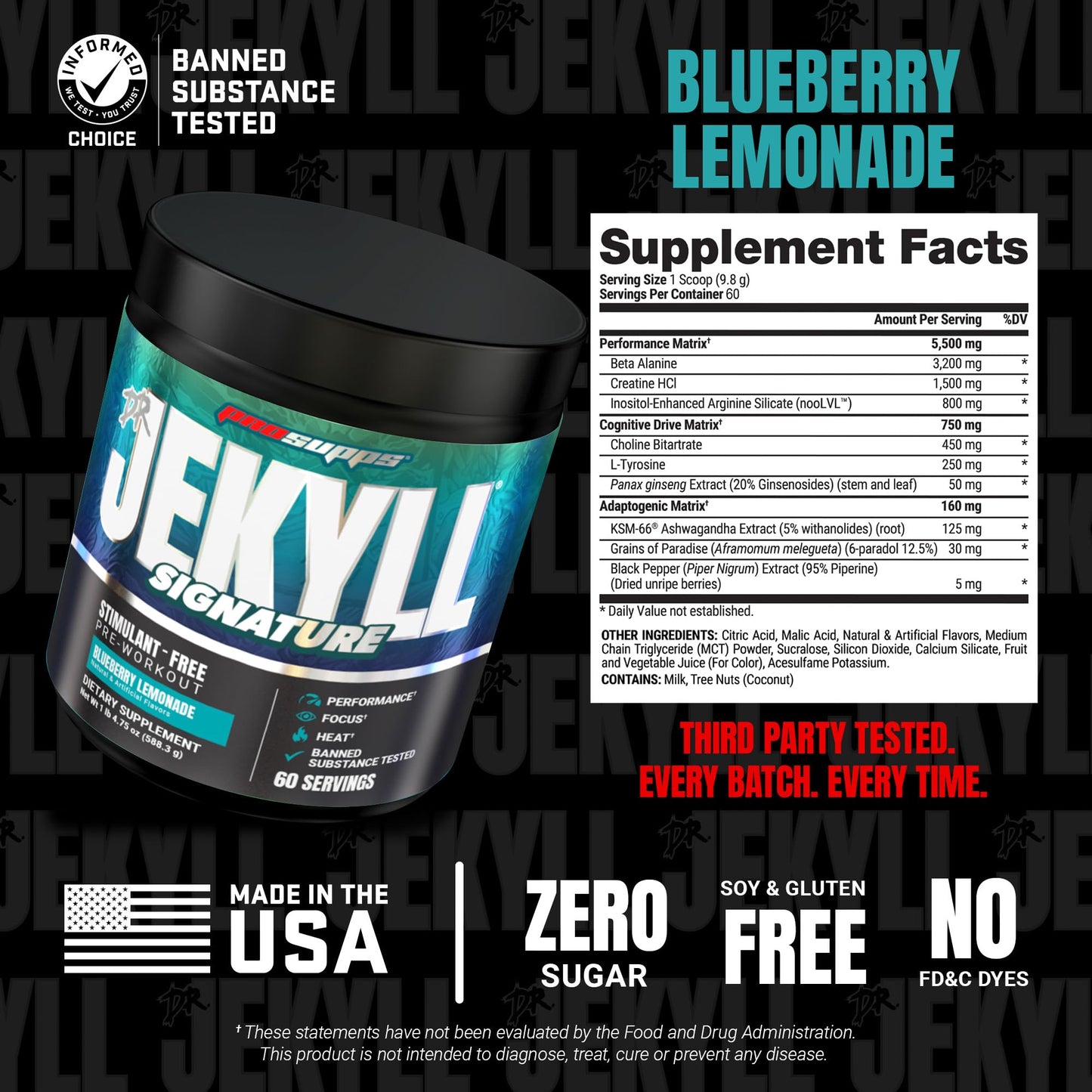 ProSupps Dr. Jekyll Signature Pre Workout Powder with Creatine - Stim-Free Preworkout Supports Focus & Endurance - Caffeine-Free Gym & Fitness Supplements (Blueberry Lemonade, 30 Servings)