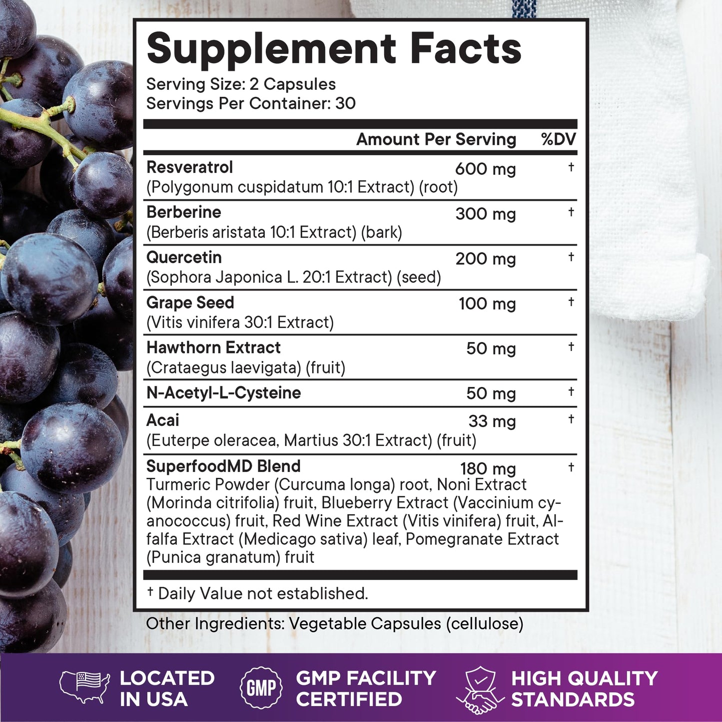 Resveratrol Berberine Grape Seed Extract Quercetin - Polyphenol Supplement with Noni Extract, N-Acetyl Cysteine, Acai Extract - Made in The USA - 120 Capsules