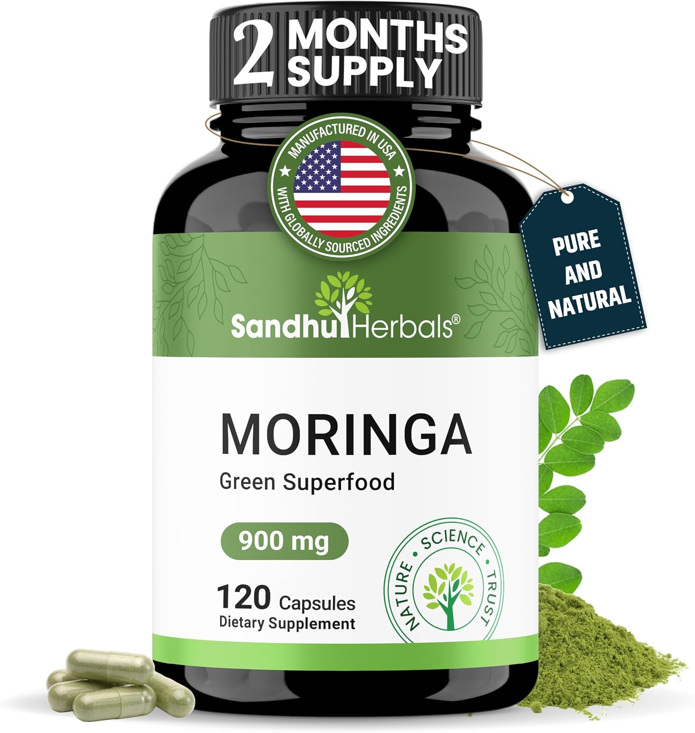 Pure Moringa Capsules for Women & Men | 120 Count Green Antioxidant Natural Superfood 900mg | Maringa Oleifera Supplement | Supports Immune, Skin & Gut Health | Made in USA
