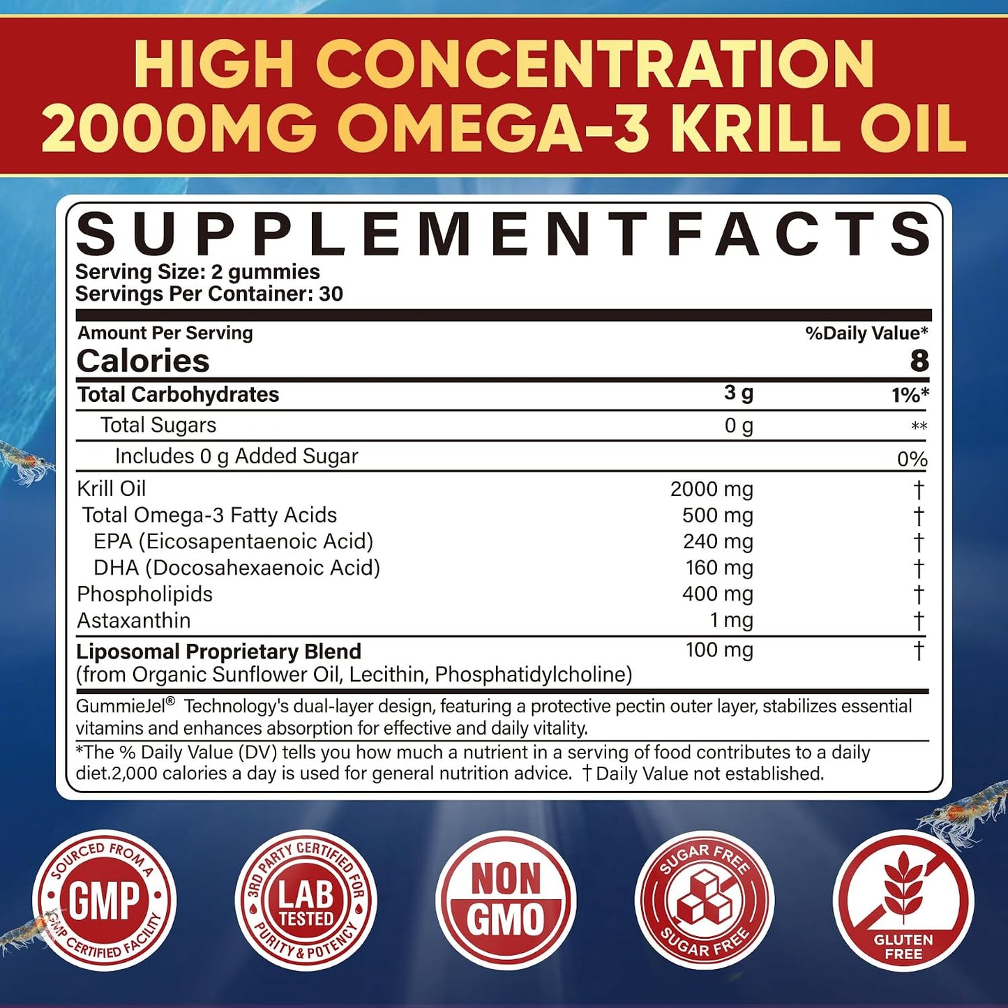 Liposomal Antarctic Krill Oil Omega 3 Gummies 2000mg - Cellular Level Absorption Omega-3 with EPA, DHA & Astaxanthin - Antioxidant & Brain Support - Fish Oil Supplements Alternative - 60 Count