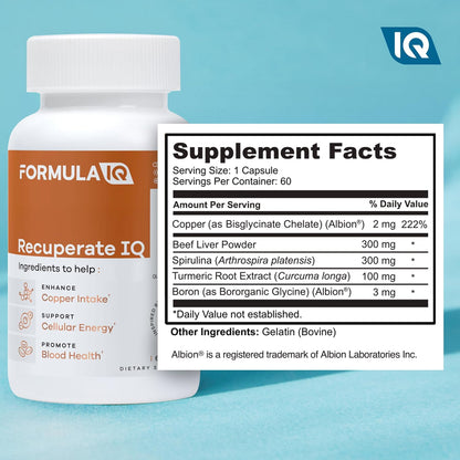 Formula IQ - Recuperate IQ - 5-in-1 Copper Supplements with Copper Bisglycinate - Easy-to-Swallow 2 mg Capsules - High Absorption, Boosts Energy - 60 Capsules