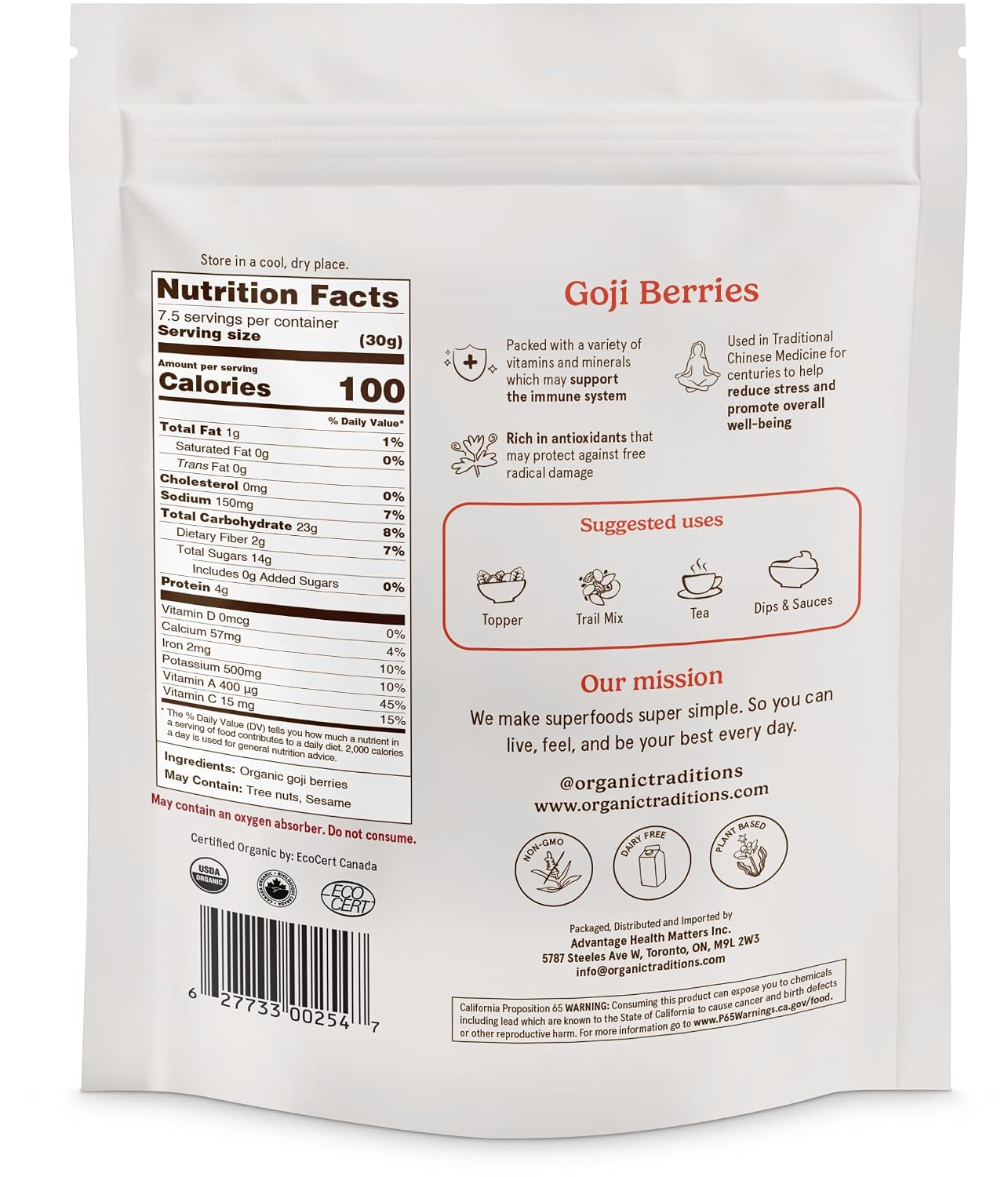 Organic Traditions Goji Berries, Organic Dried Whole Superfruit, Naturally Sweet Berry Flavor With Vitamins, Minerals And Antioxidants, Superfood and Snack For Tea,And Everyday Recipes, 227g / 8oz