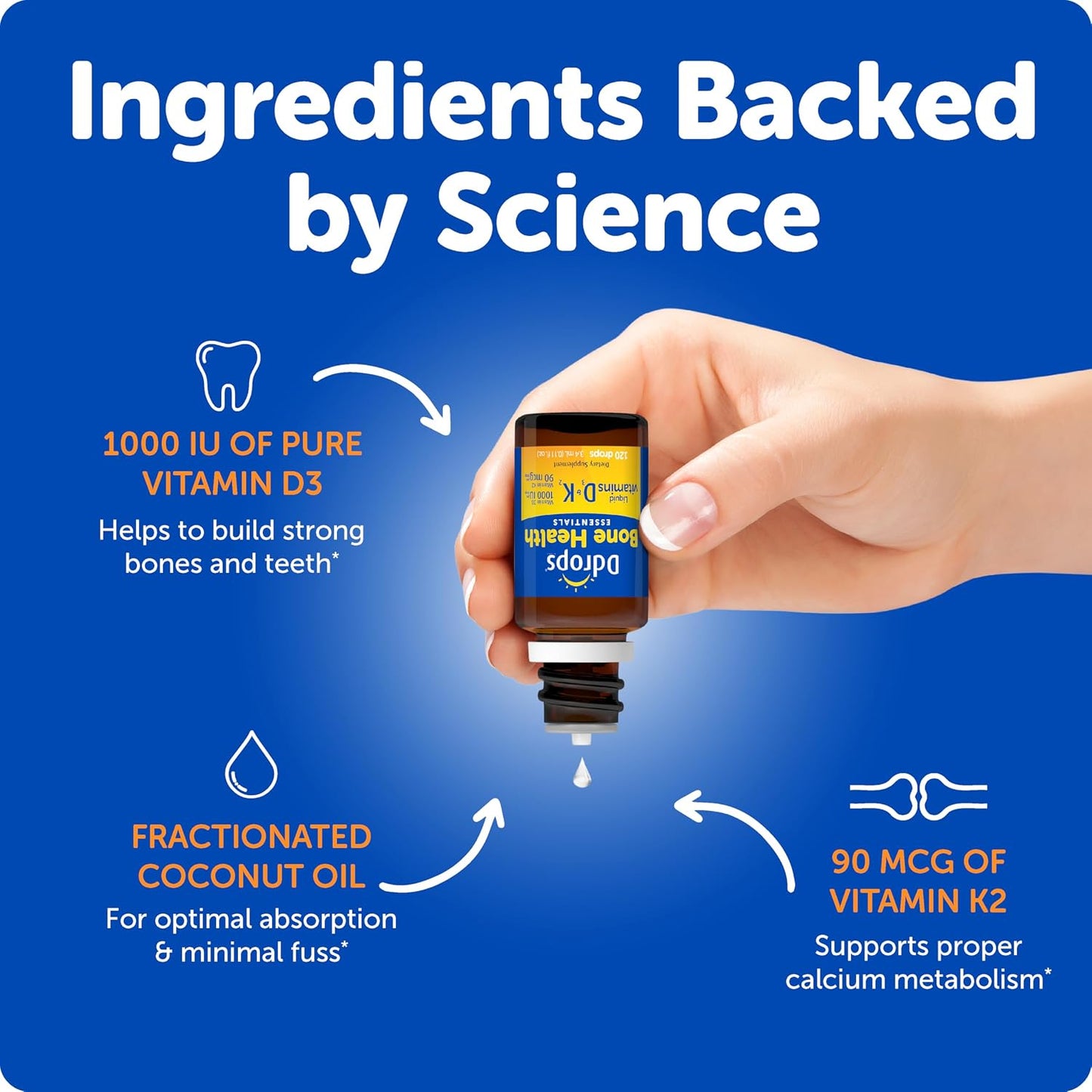 Ddrops Adult Bone Health 1000 IU Vitamin D3 + 90 mcg K2-120 Drops - Helps Maintain and Build Strong Bones and Teeth. No Artificial Preservatives, No Sugar, Non-GMO, Allergy-Friendly