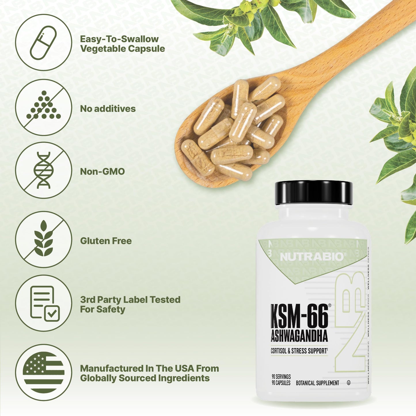 NutraBio Ashwagandha KSM-66 | Ashwagandha Herbal Supplement for Stress, Mood, & Performance | 600 MG of Clinically Studied KSM66 60 Capsules