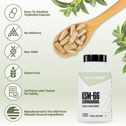 NutraBio Ashwagandha KSM-66 | Ashwagandha Herbal Supplement for Stress, Mood, & Performance | 600 MG of Clinically Studied KSM66 60 Capsules