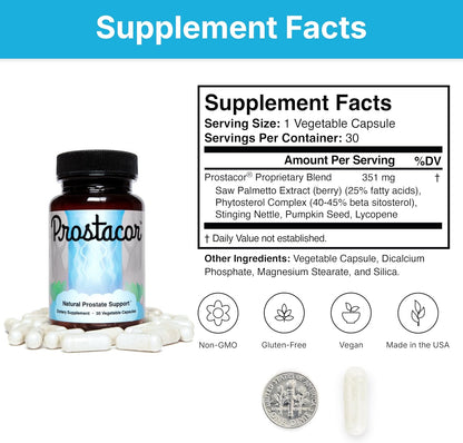 Prostacor Natural Prostate Support Supplement for Men, Vegan, Gluten-Free | Supports Healthy Urine Flow, Fewer Urges, Bladder Control, and Uninterrupted, Restful Sleep Through the Night, 30-Day Supply