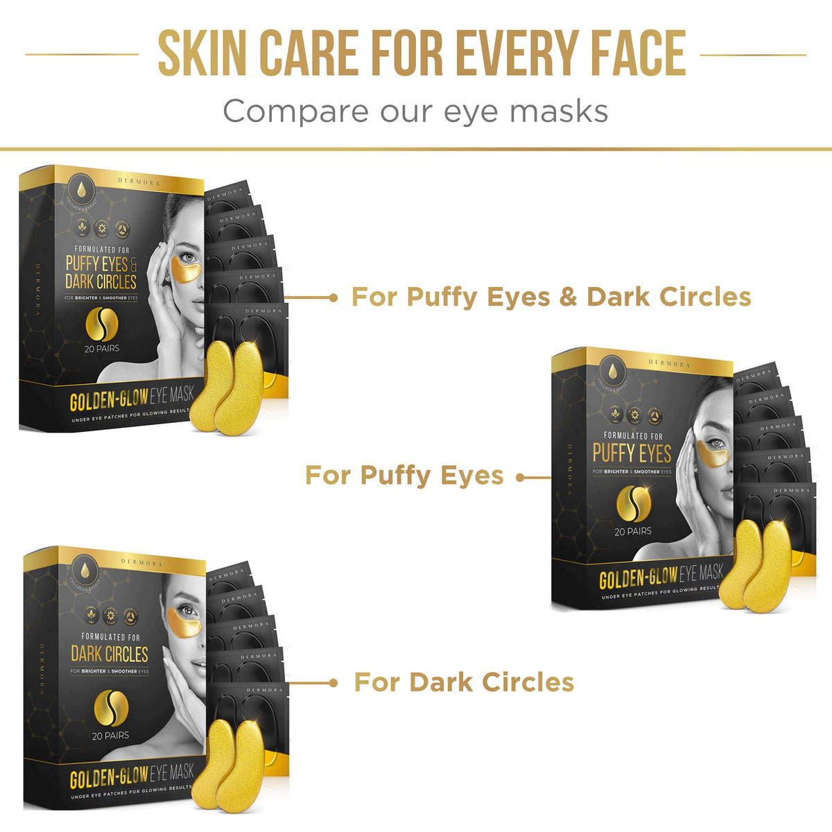 DERMORA Golden Glow Under Eye Patches (30 Pairs Eye Gels) - Rejuvenating Treatment