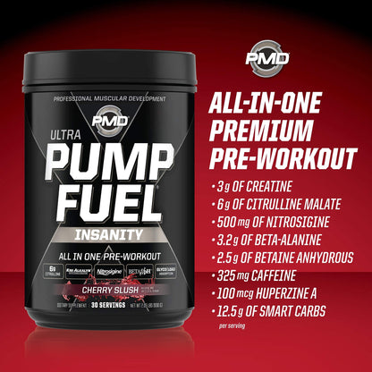 PMD Sports Ultra Pump Fuel Insanity - Pre Workout – Cherry Slush (30 Servings) Sports Omega Cuts Elite Thermogenic Fat Burner (90 Softgels)