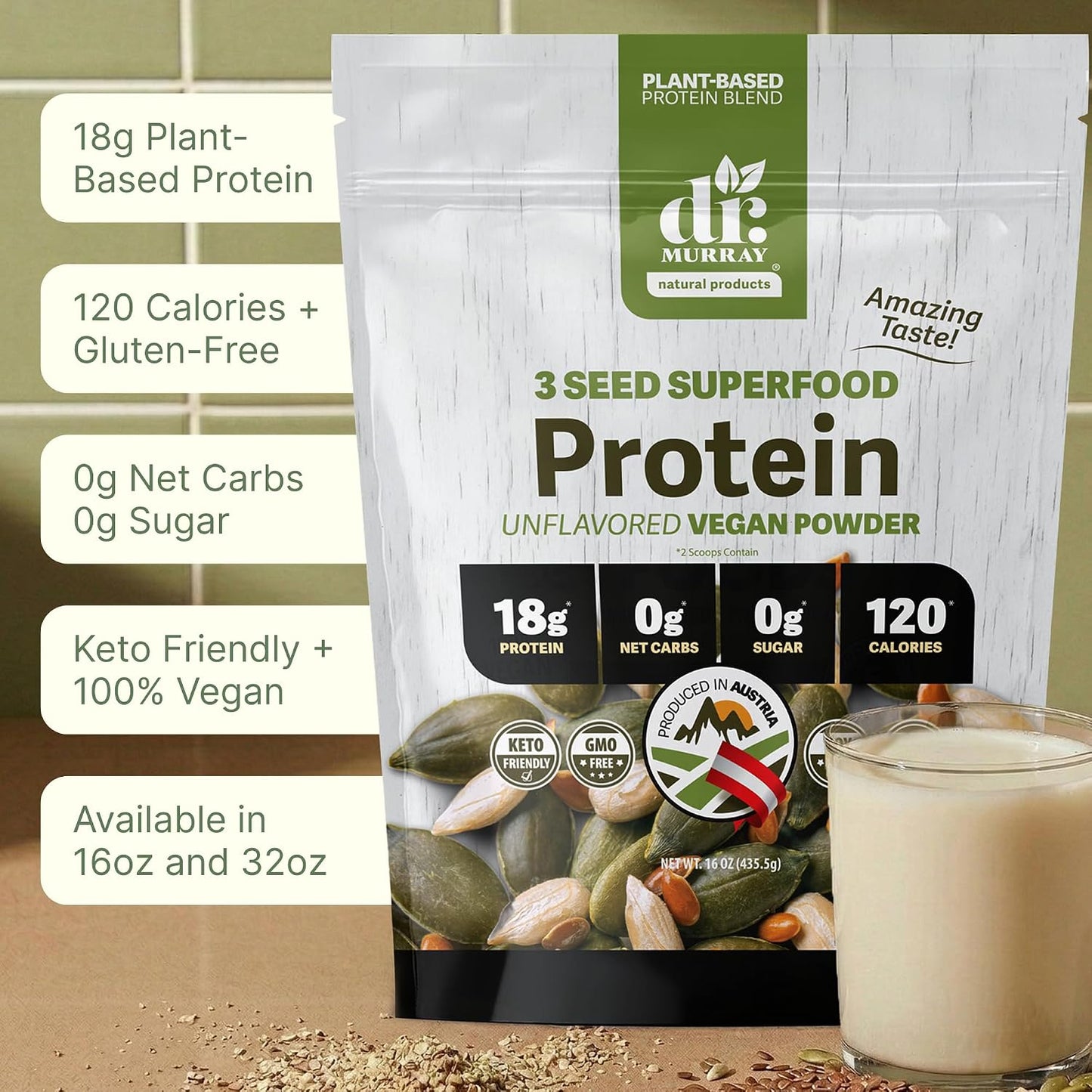 Dr. Murray's Super Foods 3 Seed Protein Powder - Pumpkin Flax Sunflower | Vegan Plant Protein | No Artificial Additives | GMP Certified | Unflavored, 1 lb.