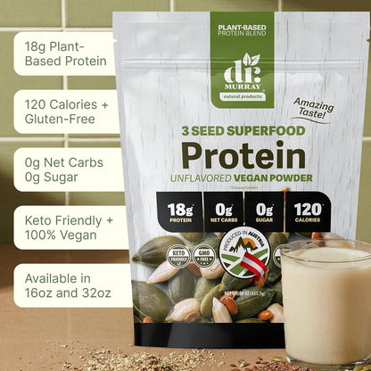 Dr. Murray's Super Foods 3 Seed Protein Powder - Pumpkin Flax Sunflower | Vegan Plant Protein | No Artificial Additives | GMP Certified | Unflavored, 1 lb.