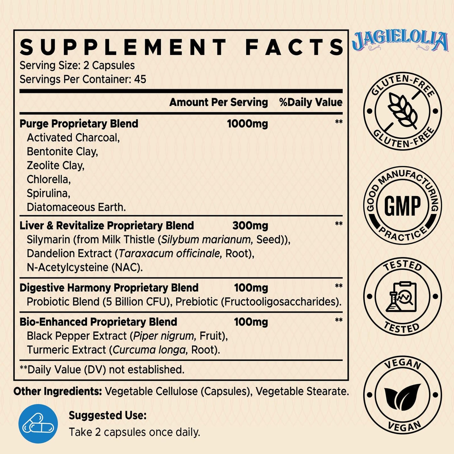 Jagielolia All-in-One Detox Binder Supplement 1500 MG - High Bioavailability, Liver Gut Detox Cleanse with Activated Charcoal, Zeolite & Bentonite Clay for Toxins, Liver, Digestive, 90 Vegan Capsules